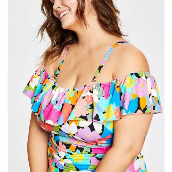 Swim Solutions Women's Multi Off-The-Shoulder Ruffled Swimsuit Size 20W - Picture 3 of 9